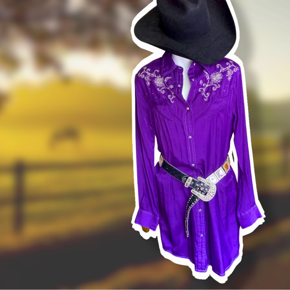 WRANGLERS western yoke embroidered rhinestone snaps purple shirt dress